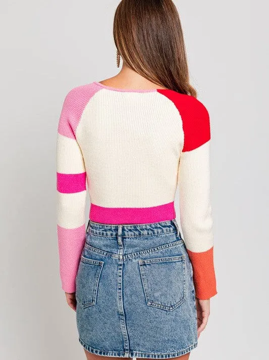 Pink Attitude Long Sleeve Color Stripe Stripe Knit Crop Top