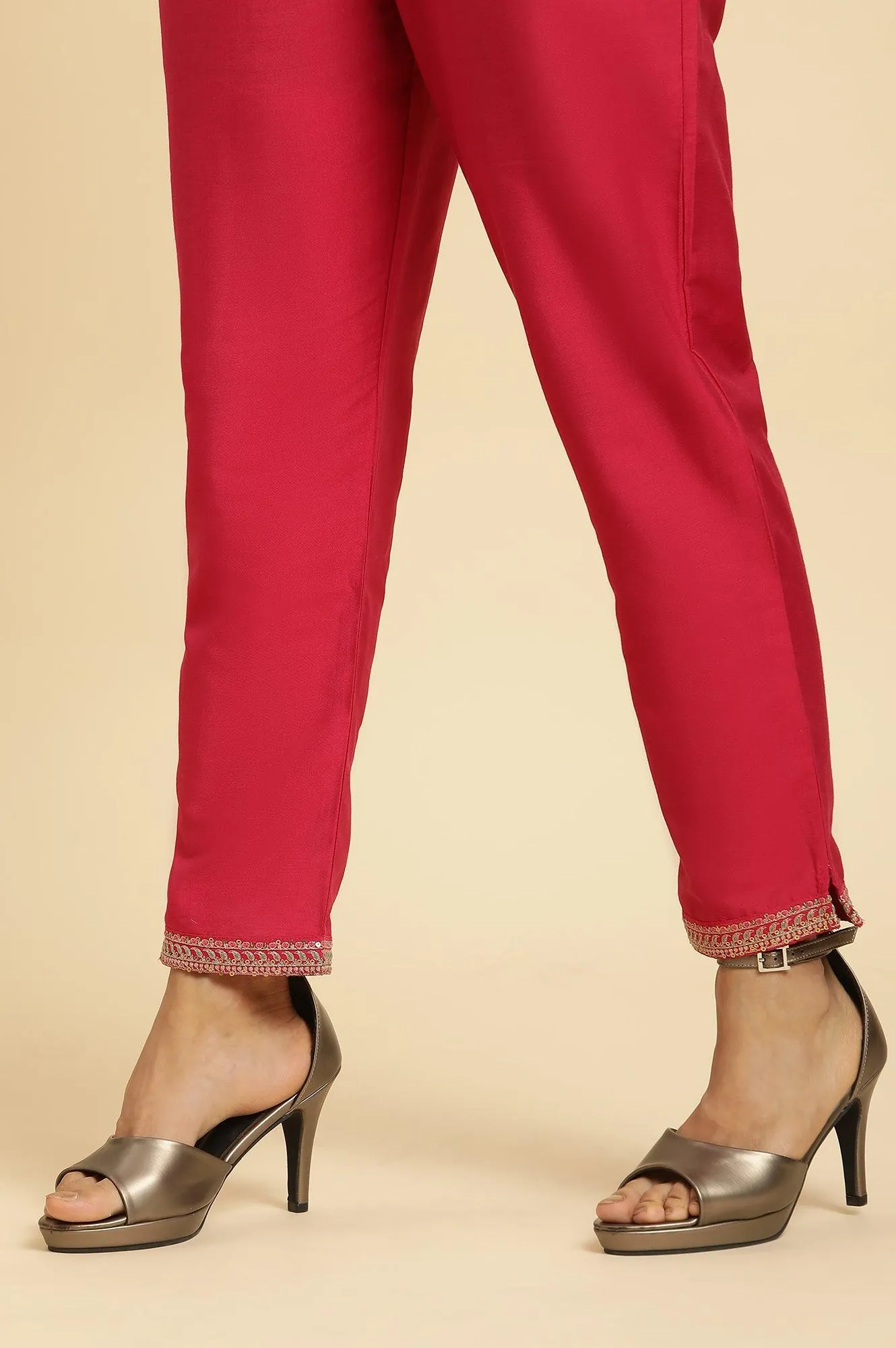 Pink Flared Embroidered Kurta, Pants And Dupatta Set
