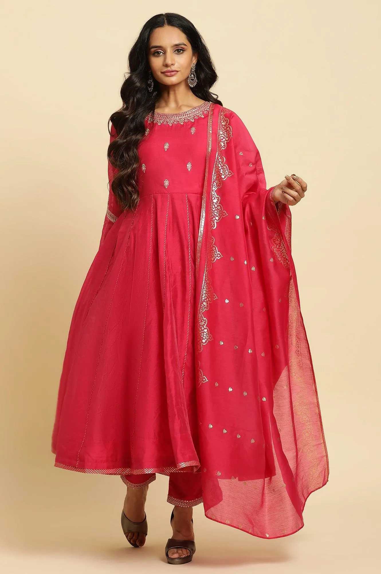 Pink Flared Embroidered Kurta, Pants And Dupatta Set