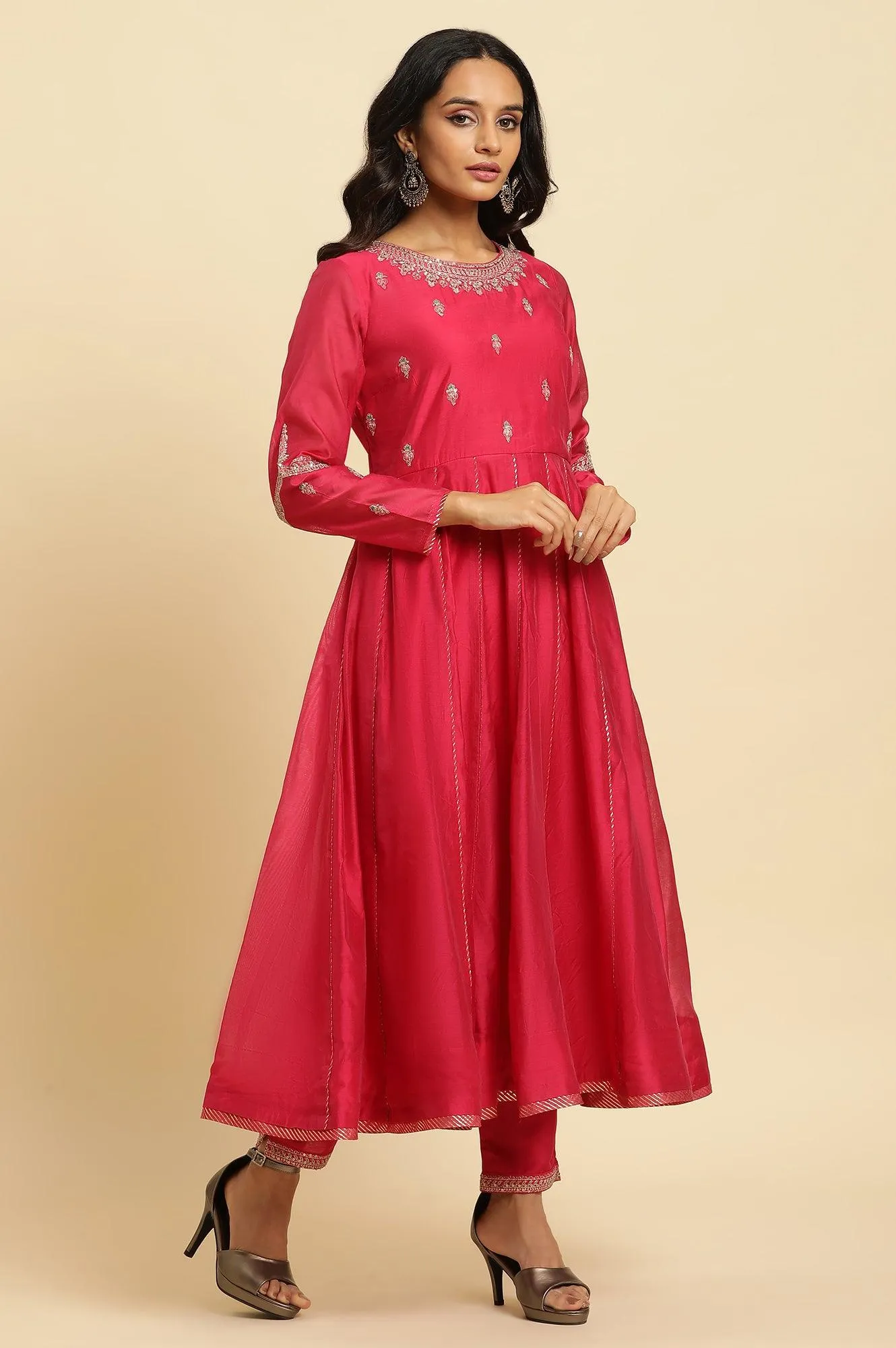Pink Flared Embroidered Kurta, Pants And Dupatta Set