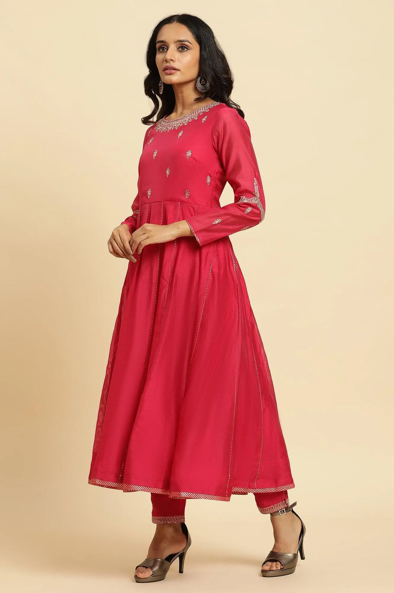 Pink Flared Embroidered Kurta, Pants And Dupatta Set