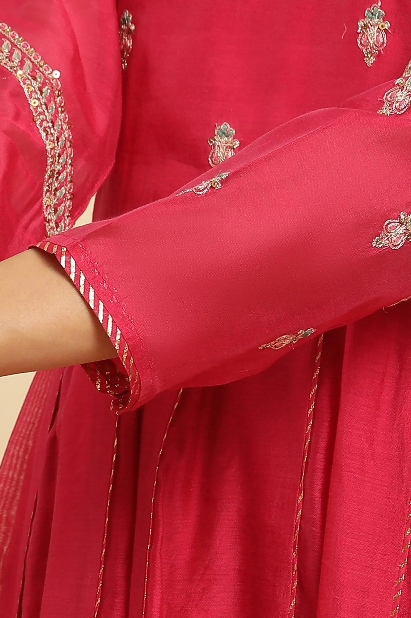 Pink Flared Embroidered Kurta, Pants And Dupatta Set