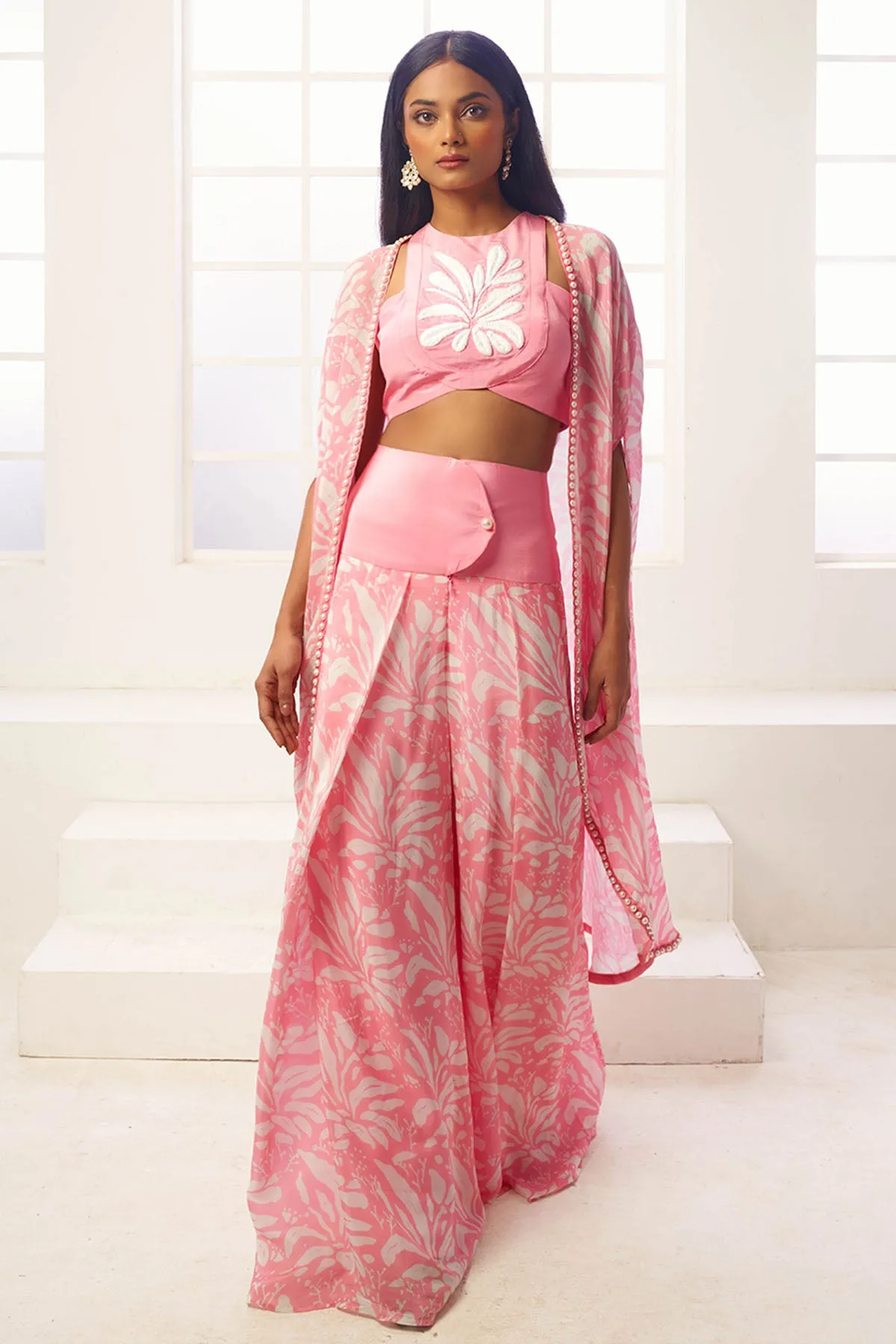 Pink Printed Top, Shrug & Pants