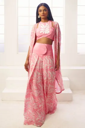 Pink Printed Top, Shrug & Pants