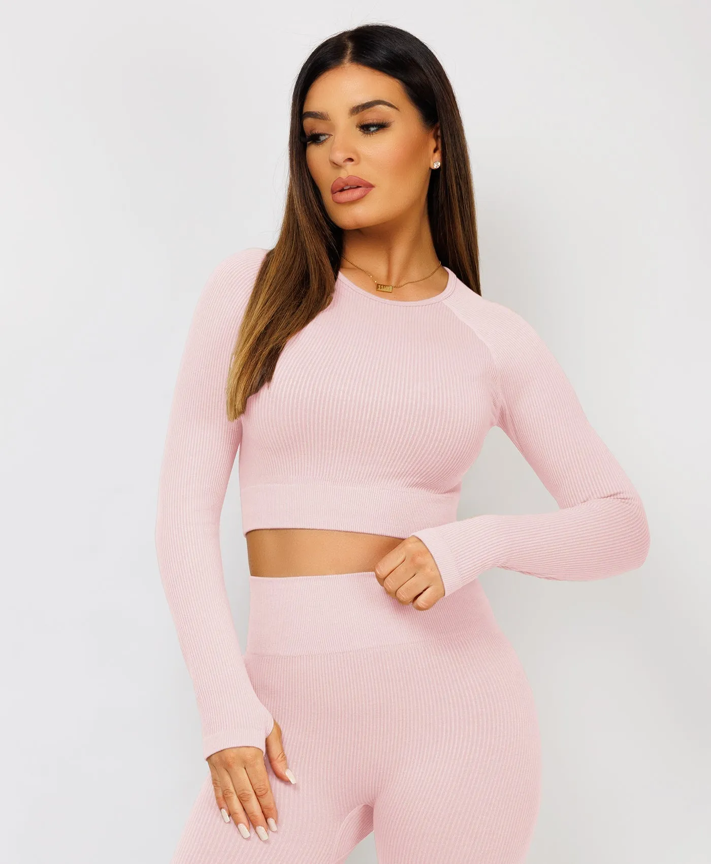 Pink Strechy Ribbed Cropped High Waist Tracksuit Set