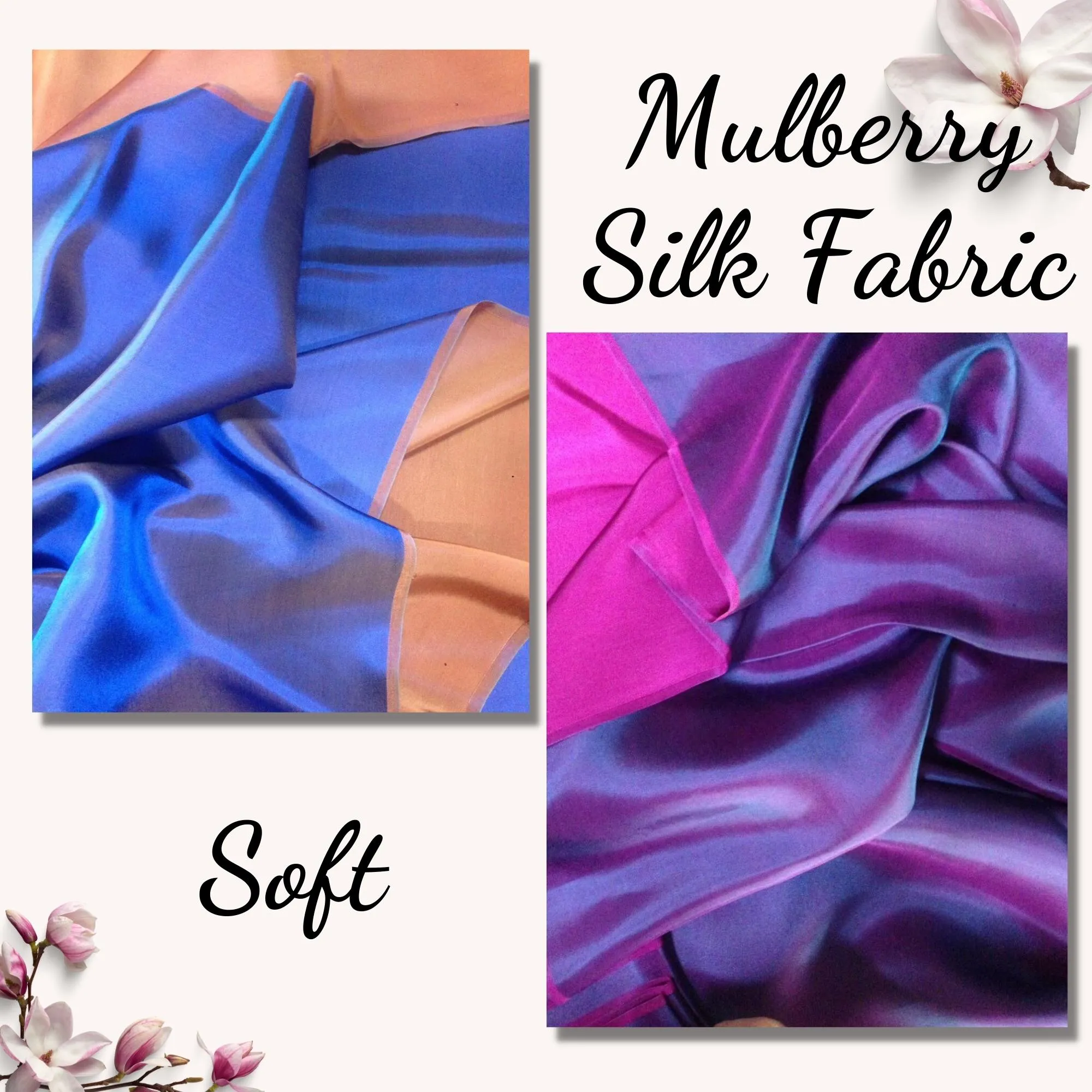 PURE MULBERRY SILK fabric by the yard – Blue, Green, Purple silk satin fabric – 19mm - Organic fiber - Gift for women