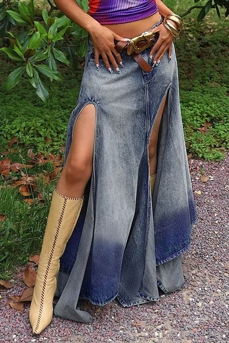 QA447 Split Denim Long Skirt