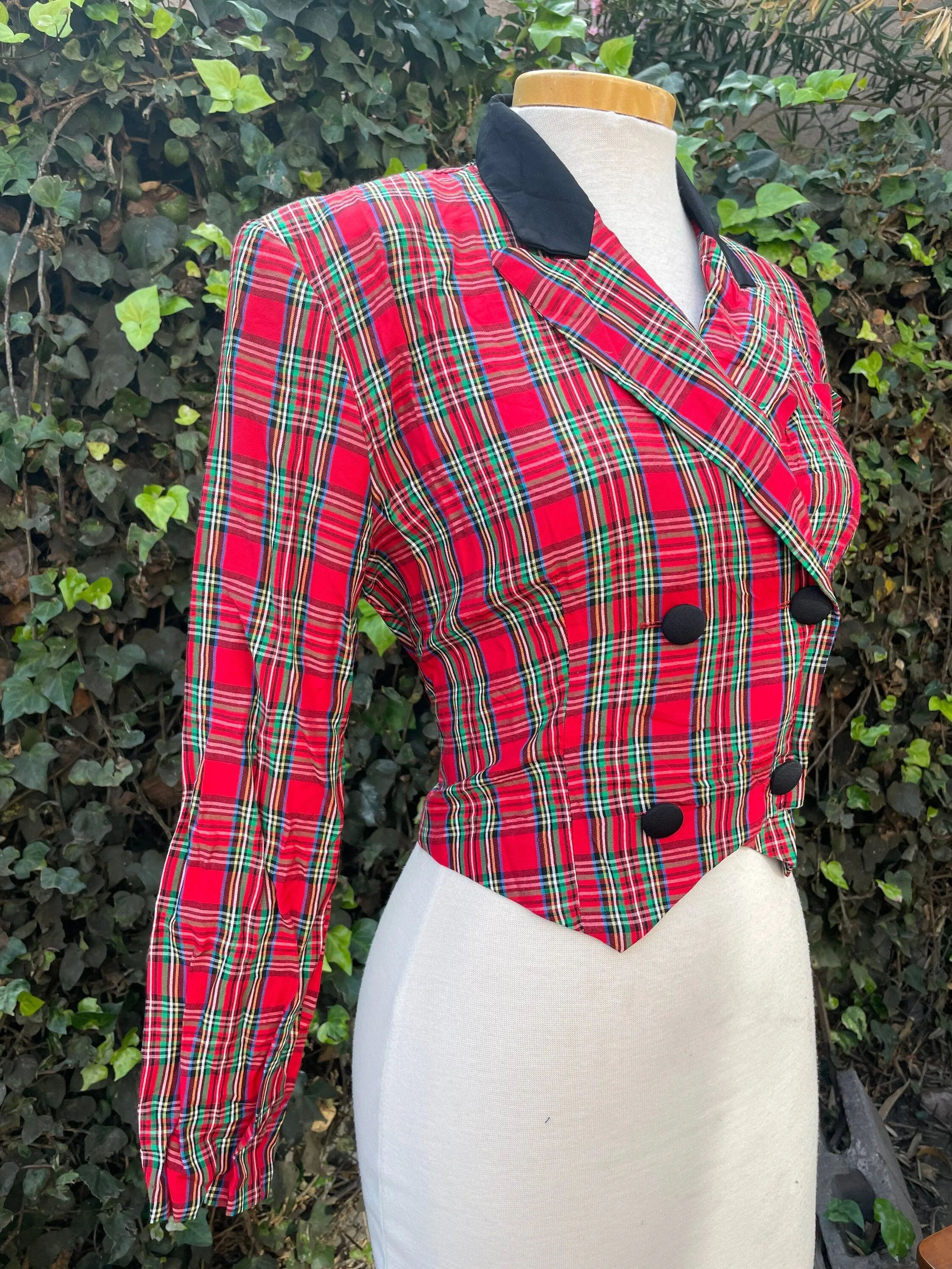 Rampage 1990’s Red Tartan Plaid Double Breasted Button Crop Blazer Jacket