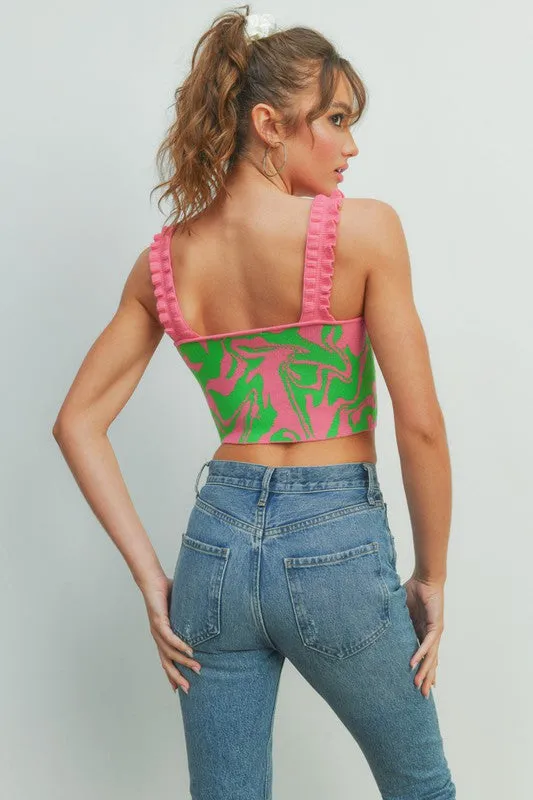 Retro Design Pleated and Ruffled Strap Crop Top