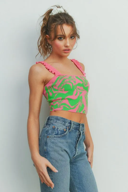 Retro Design Pleated and Ruffled Strap Crop Top