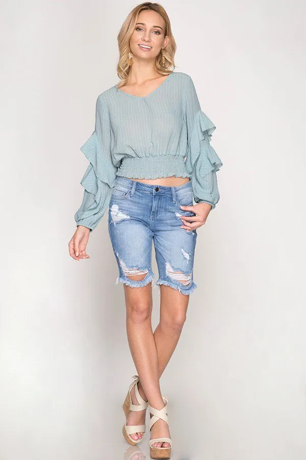 Rose Pink Long Sleeve Textured Top With Waist Elastic Smocking and Ruffle Sleeves