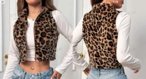 Shein Women's Casual Leopard Print Sleeveless Fluffy Cropped Jacket  
