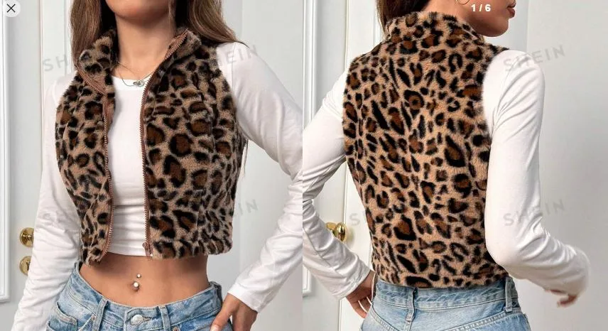 Shein Women's Casual Leopard Print Sleeveless Fluffy Cropped Jacket  