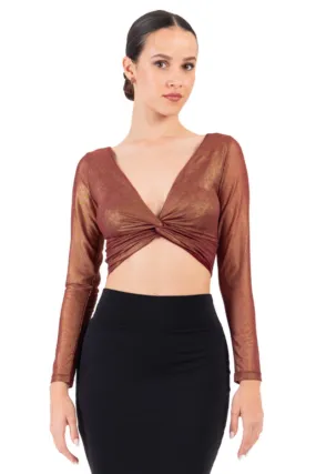 Shiny Bronze Twisted Knot V-neck Crop Top