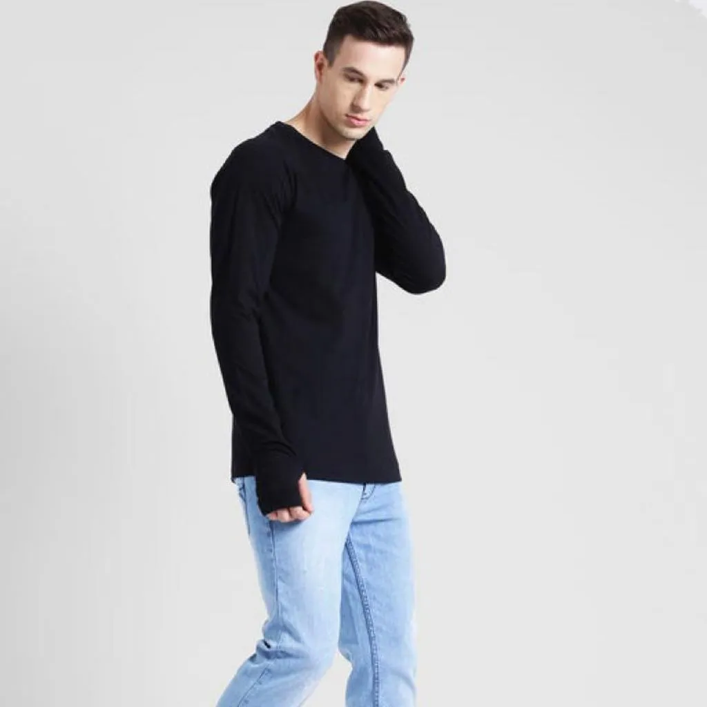Solid Round Neck Cotton Full Sleeve T-Shirt For Men