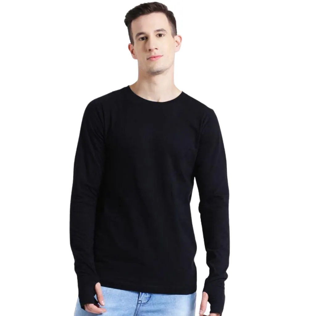 Solid Round Neck Cotton Full Sleeve T-Shirt For Men