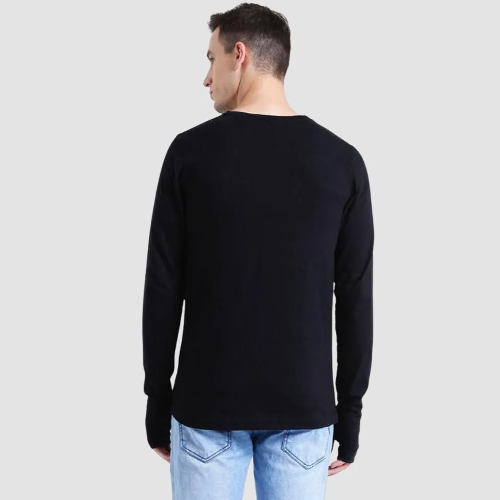 Solid Round Neck Cotton Full Sleeve T-Shirt For Men