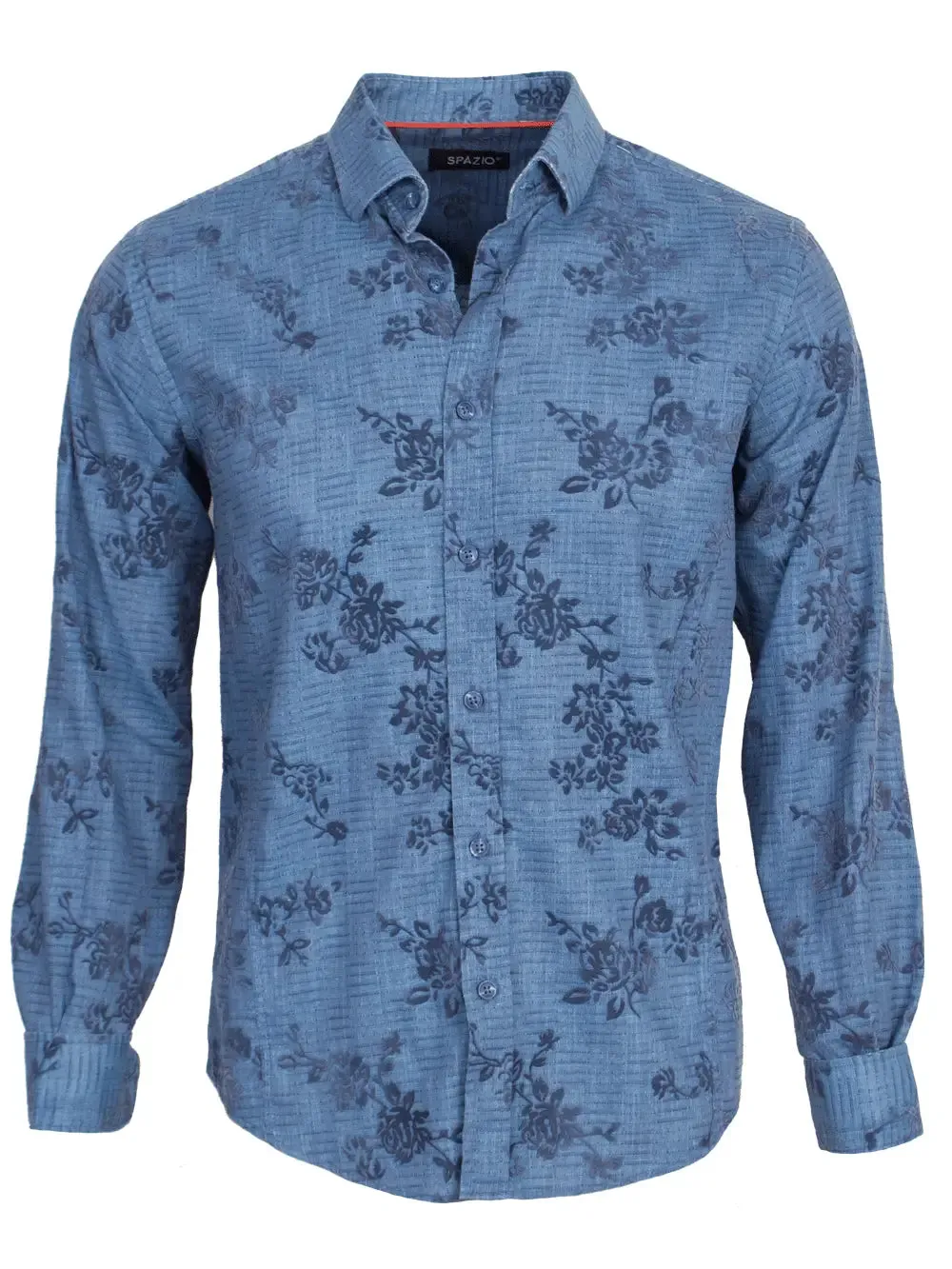 Spazio Blue With Large Tonal Floral Print & Horizontal Lines Long Sleeve Button Up Shirt