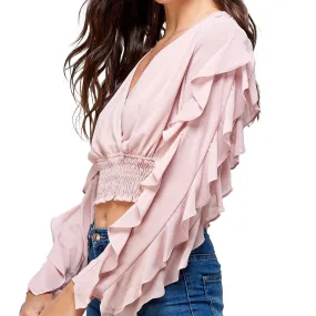 Surplice Smock Ruffle Long Sleeves Blouse Top
