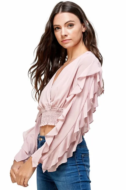 Surplice Smock Ruffle Long Sleeves Blouse Top