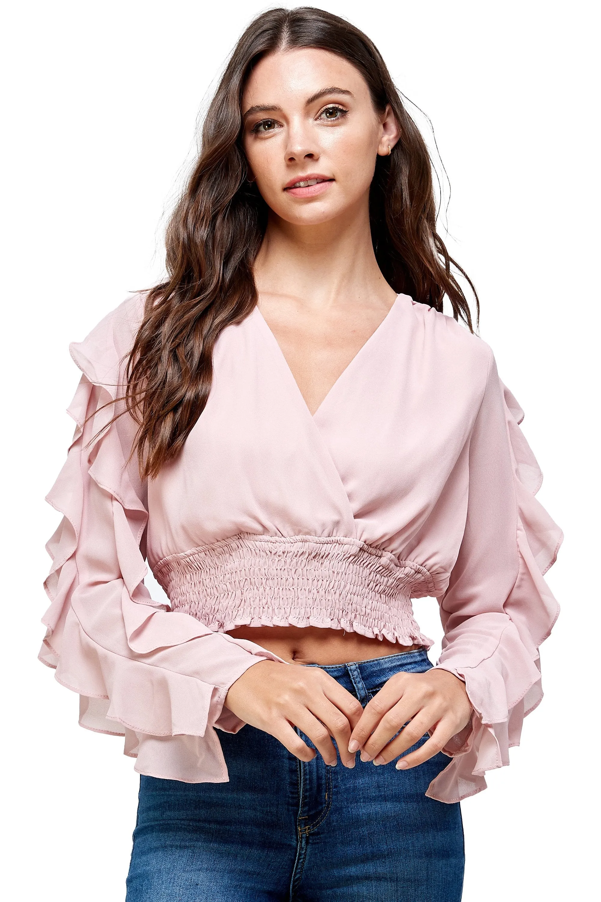 Surplice Smock Ruffle Long Sleeves Blouse Top