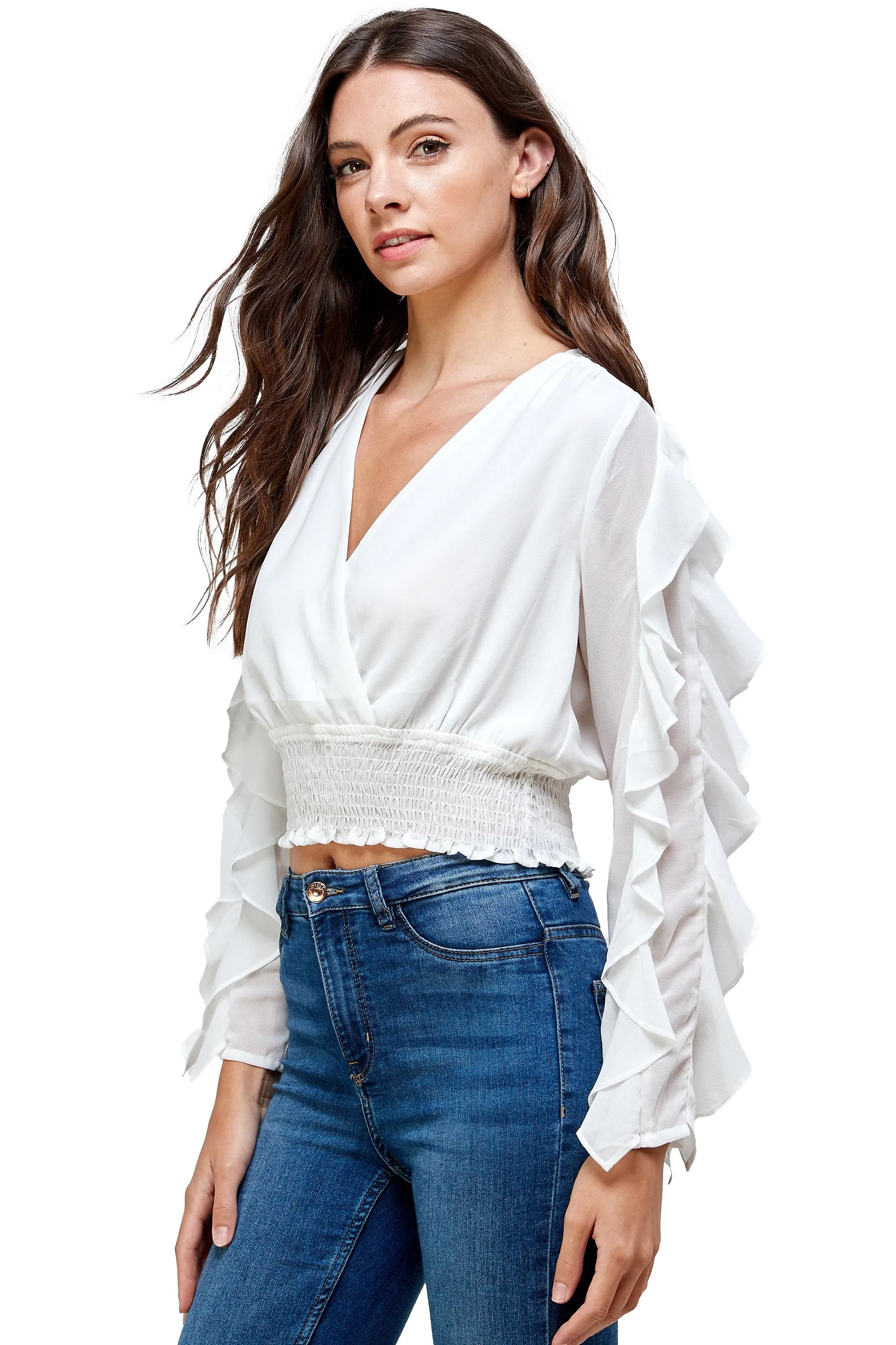 Surplice Smock Ruffle Long Sleeves Blouse Top