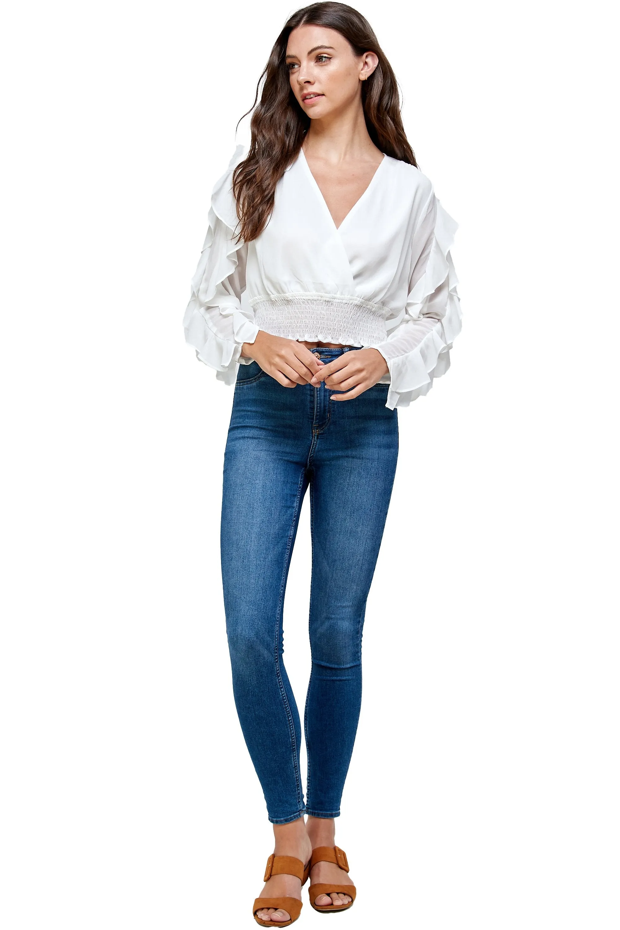 Surplice Smock Ruffle Long Sleeves Blouse Top