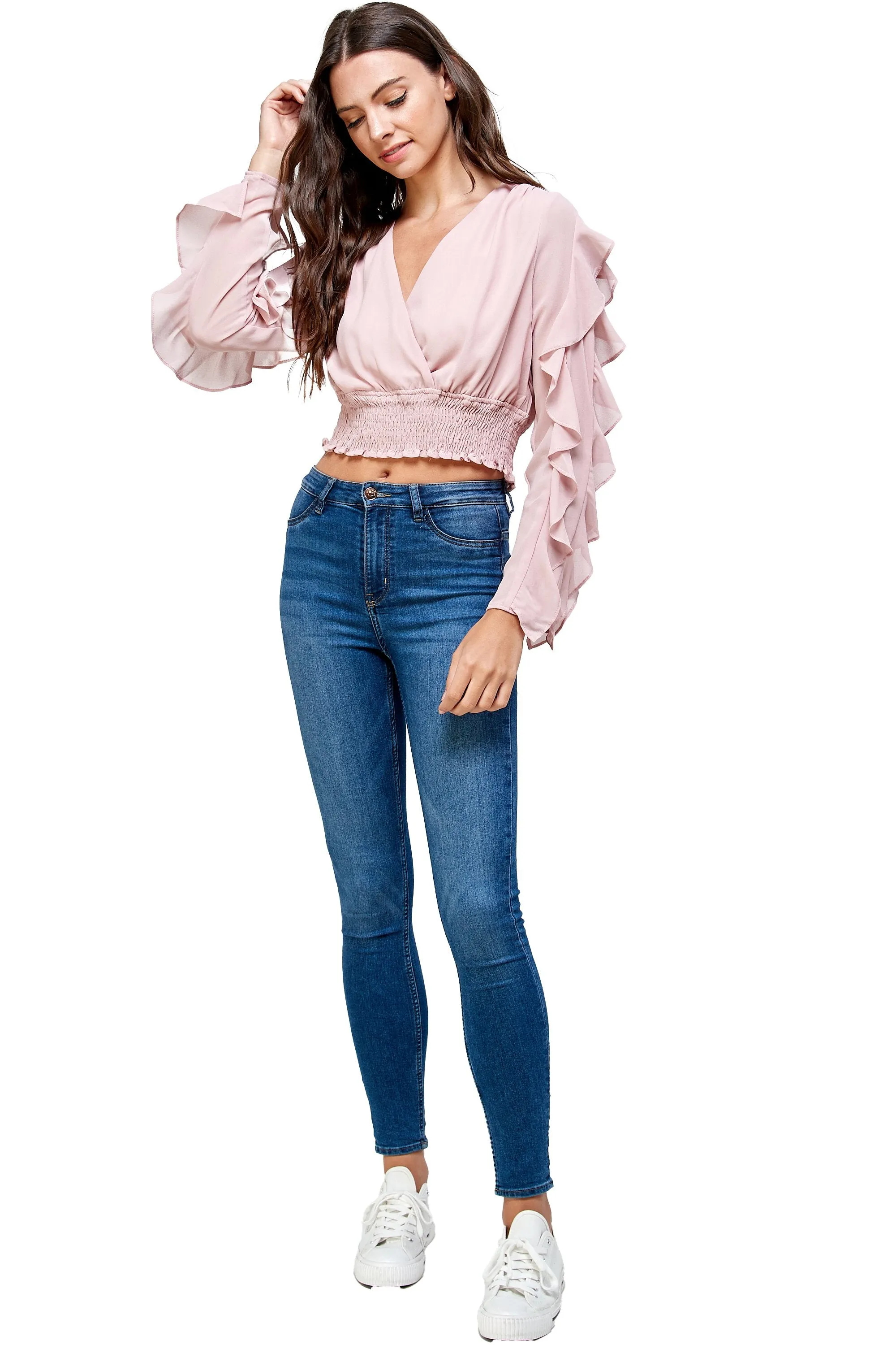 Surplice Smock Ruffle Long Sleeves Blouse Top