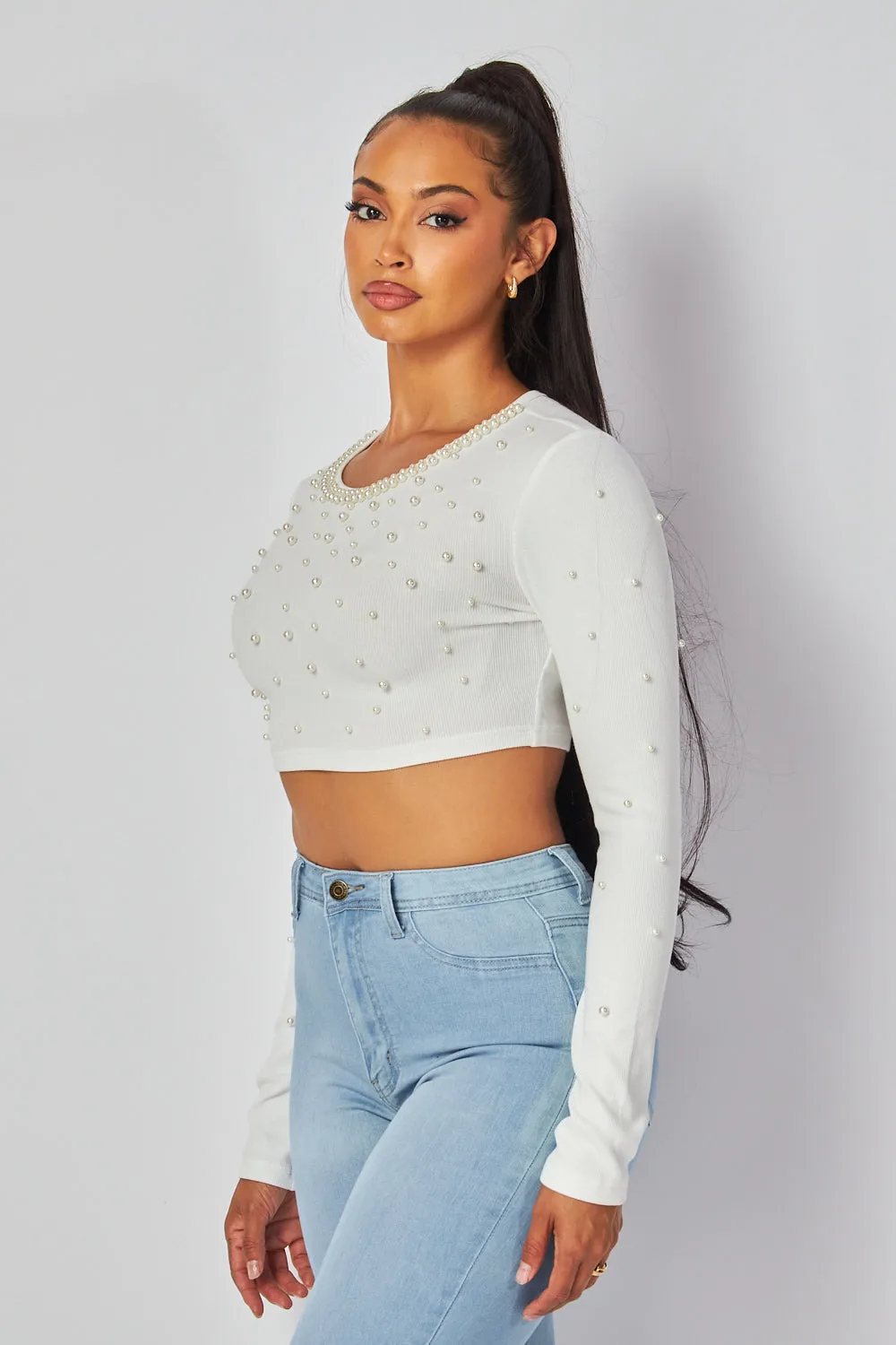 Tamara Pearl Detail Long Sleeve Crop Top
