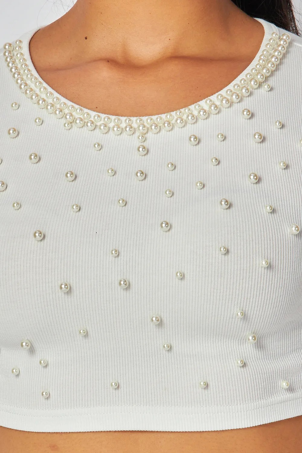 Tamara Pearl Detail Long Sleeve Crop Top