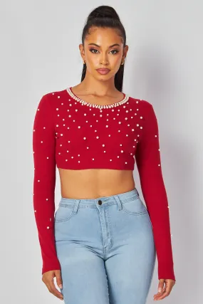 Tamara Pearl Detail Long Sleeve Crop Top