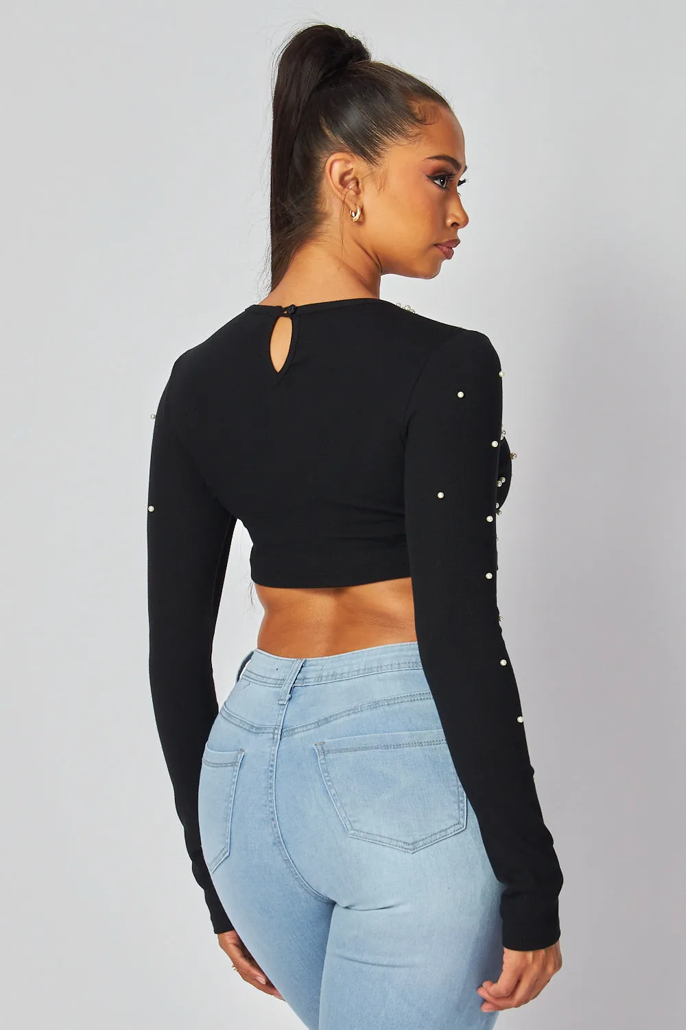 Tamara Pearl Detail Long Sleeve Crop Top