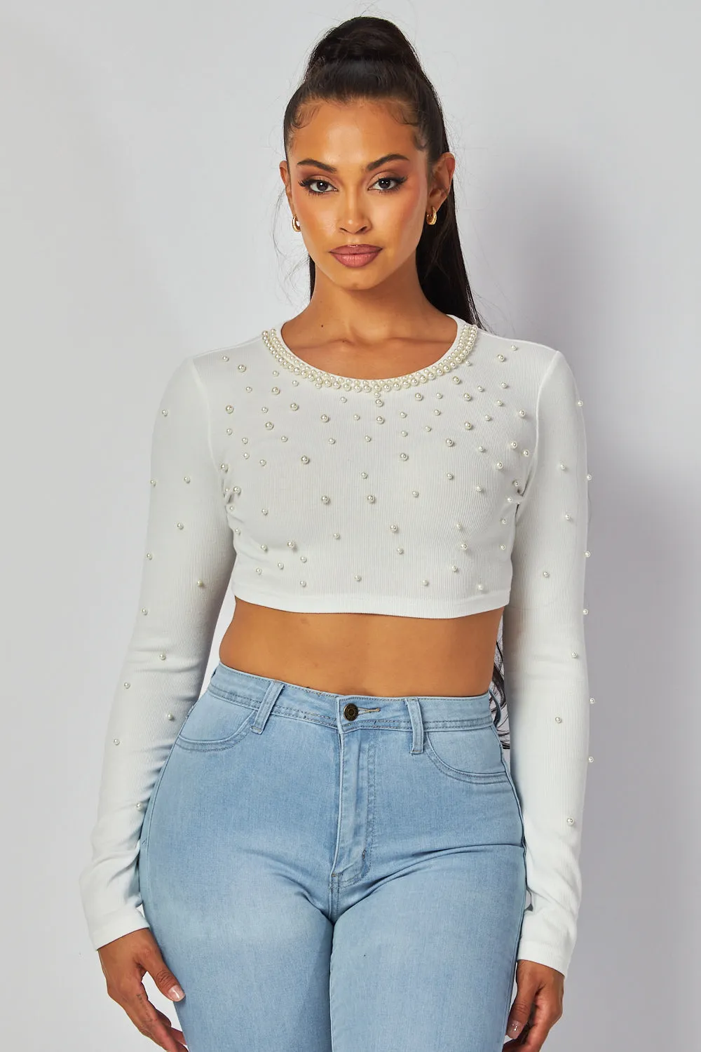 Tamara Pearl Detail Long Sleeve Crop Top