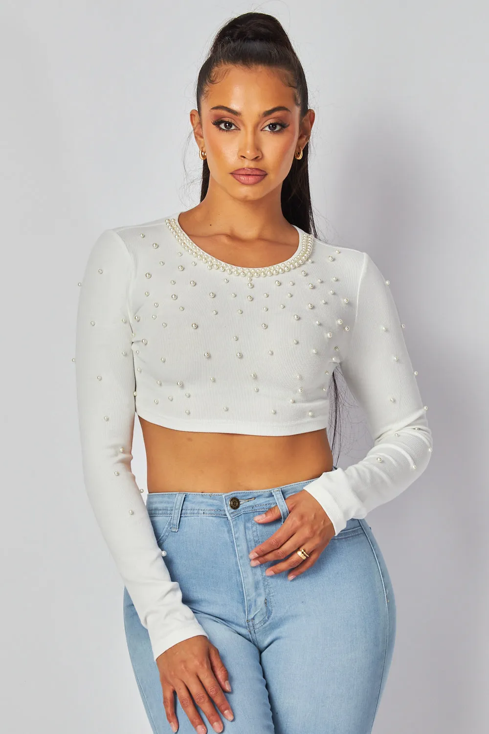 Tamara Pearl Detail Long Sleeve Crop Top
