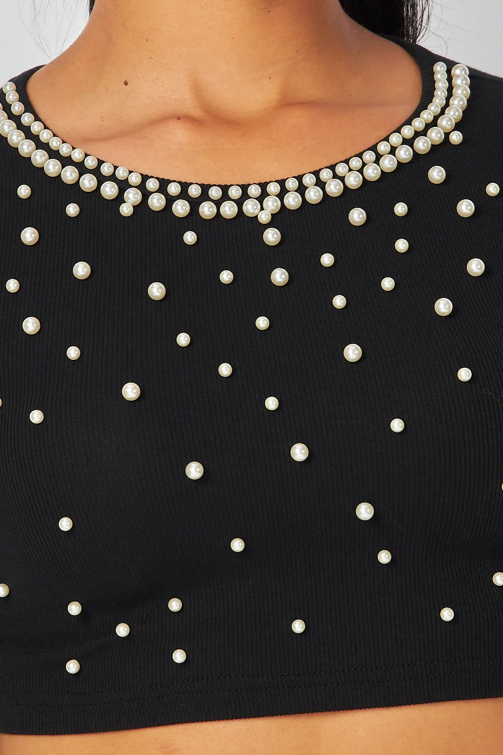 Tamara Pearl Detail Long Sleeve Crop Top
