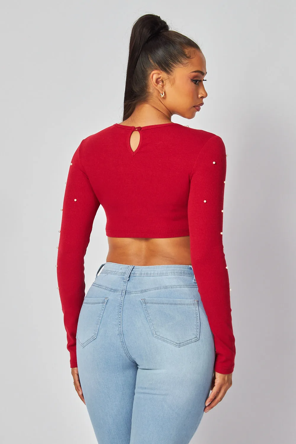 Tamara Pearl Detail Long Sleeve Crop Top