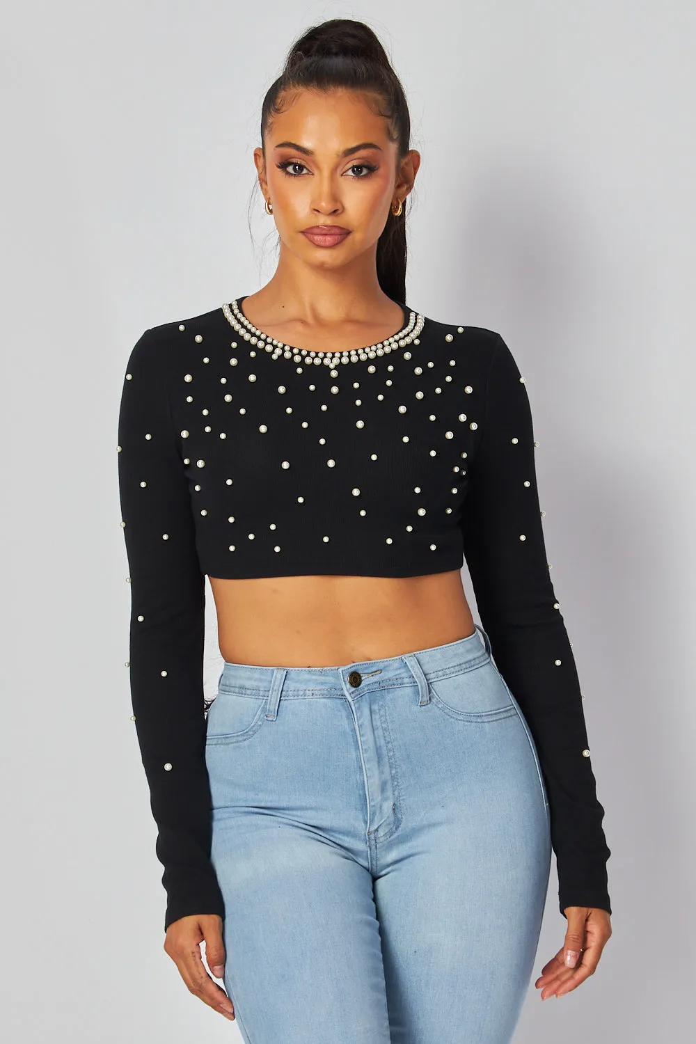Tamara Pearl Detail Long Sleeve Crop Top