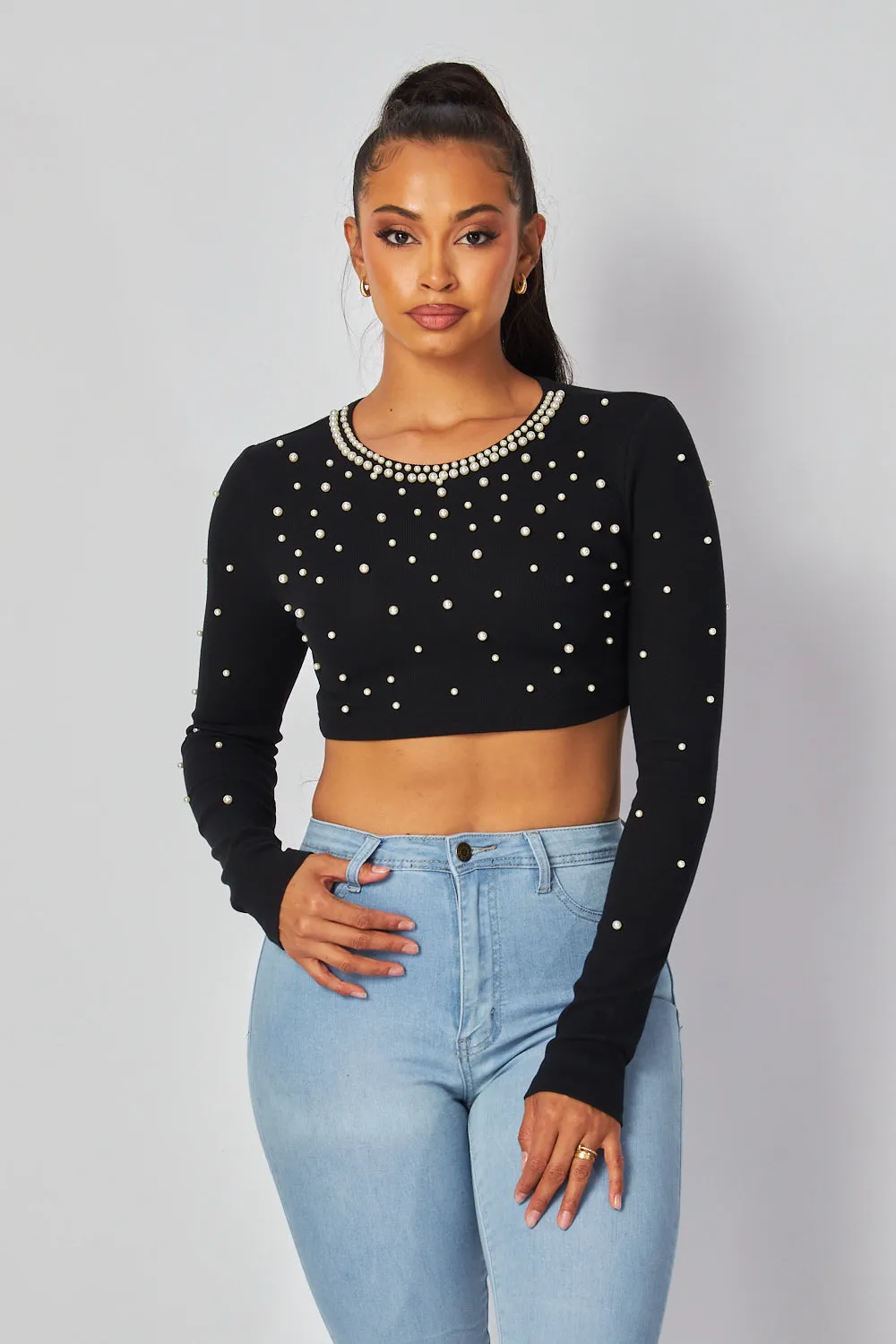 Tamara Pearl Detail Long Sleeve Crop Top