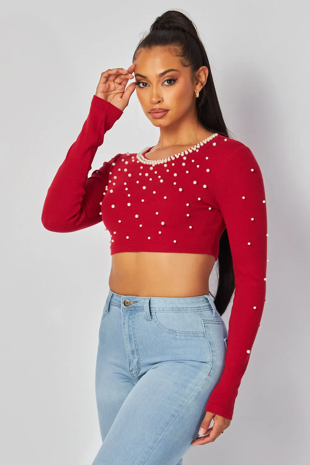 Tamara Pearl Detail Long Sleeve Crop Top