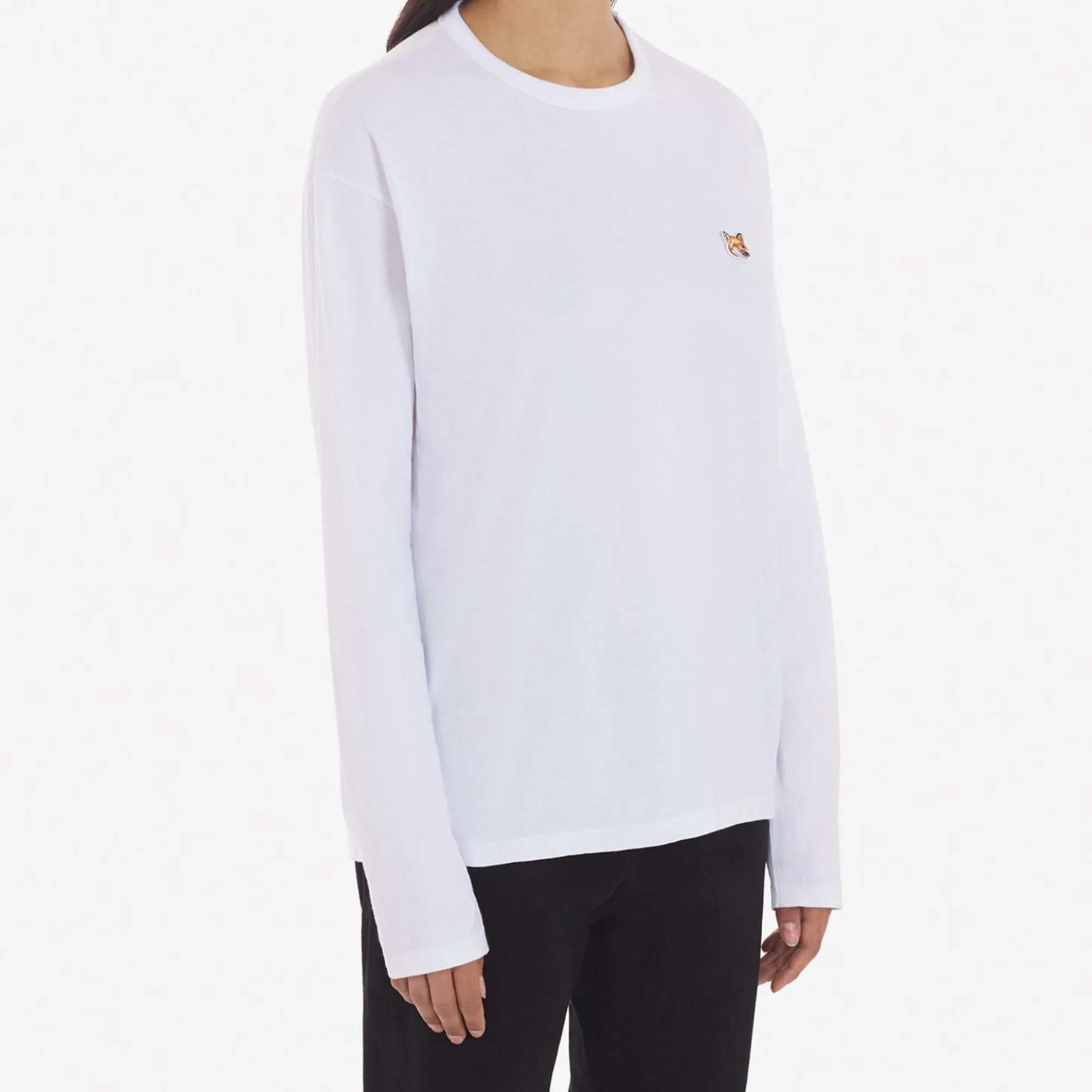 Unisex Fox Head Patch Regular Long-Sleeved Tee-Shirt - White