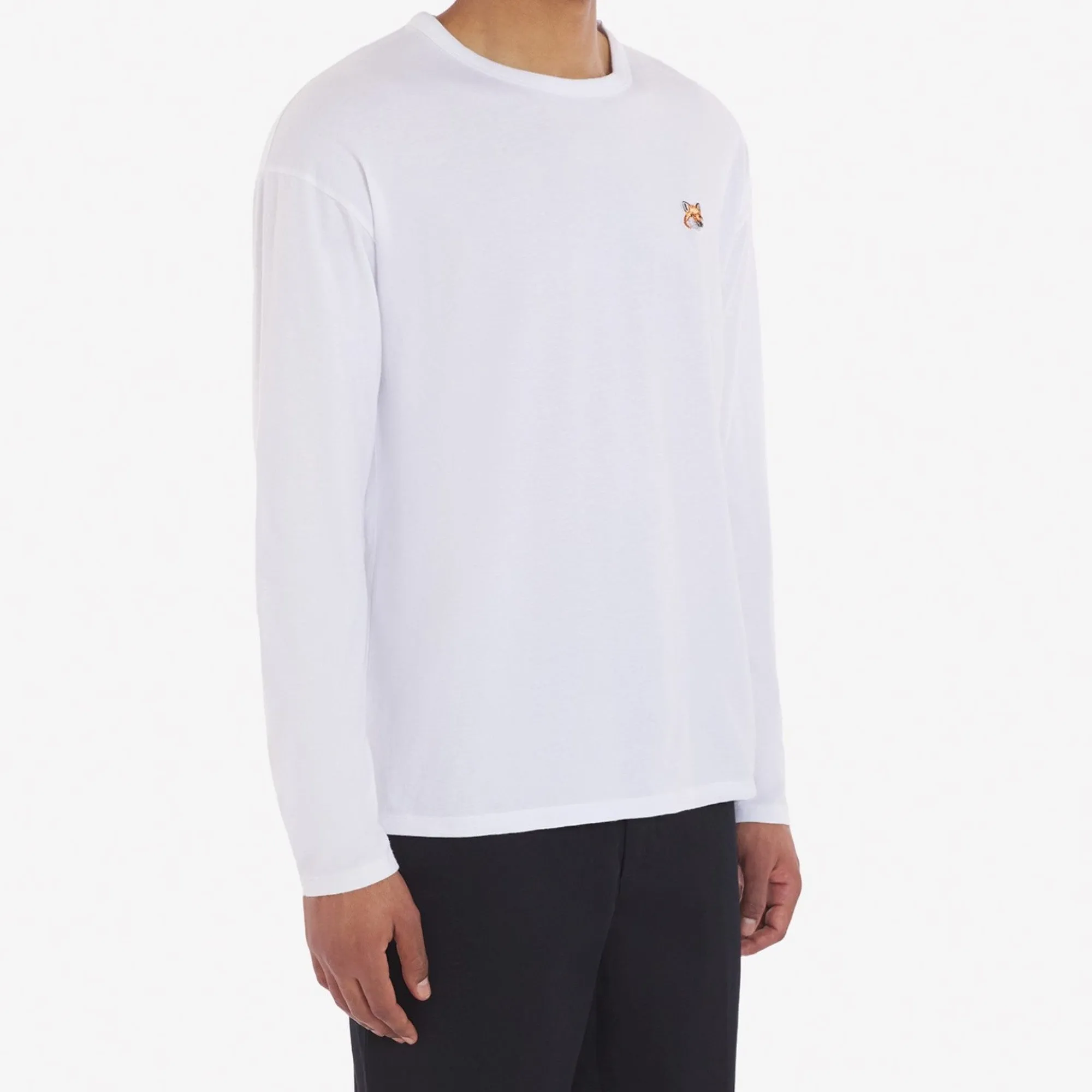 Unisex Fox Head Patch Regular Long-Sleeved Tee-Shirt - White