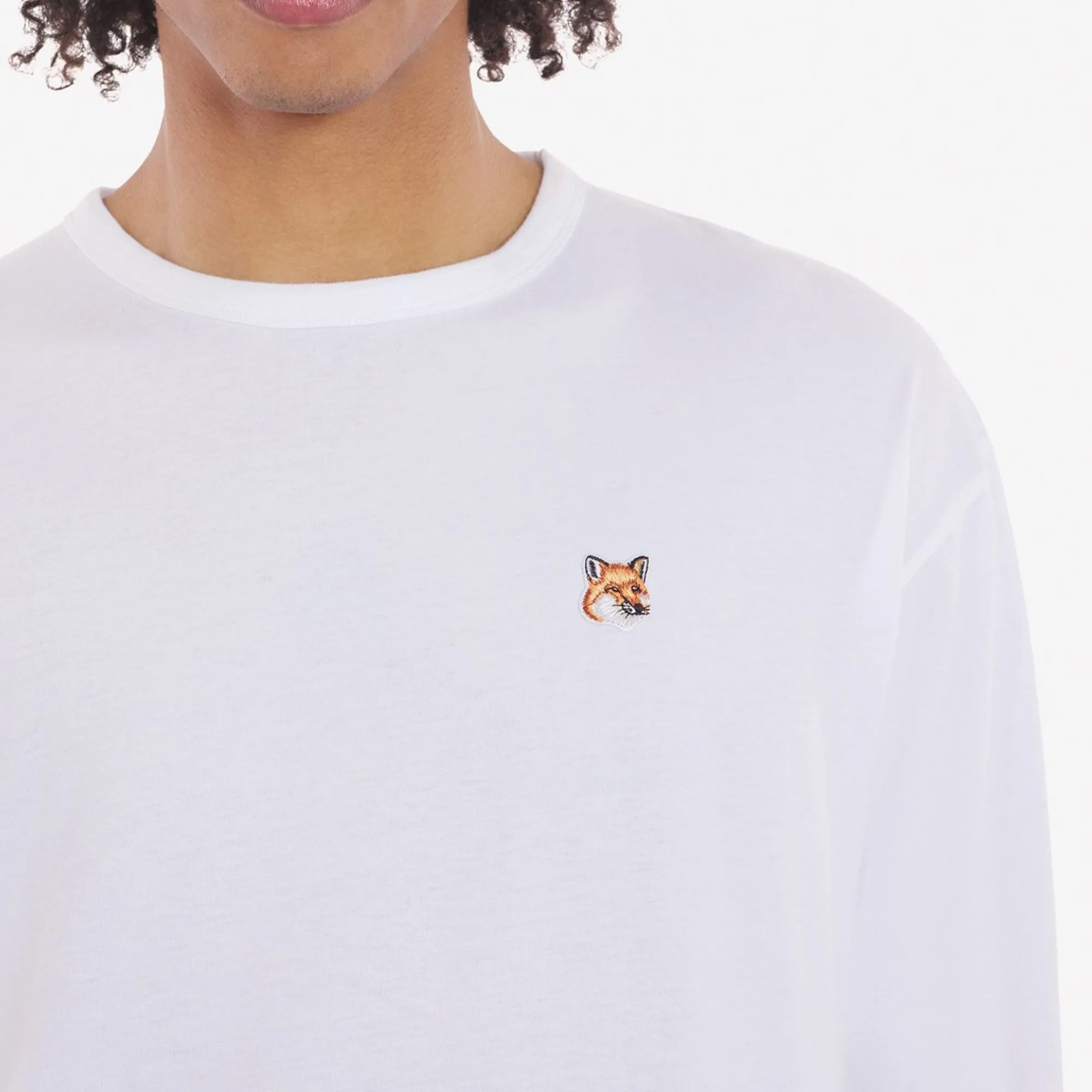 Unisex Fox Head Patch Regular Long-Sleeved Tee-Shirt - White