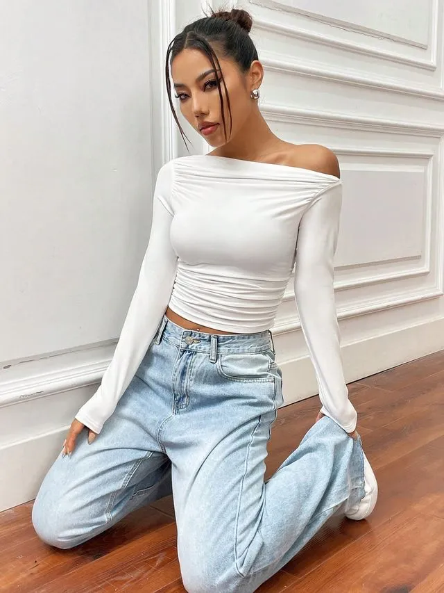 White Asymmetrical Collar Top