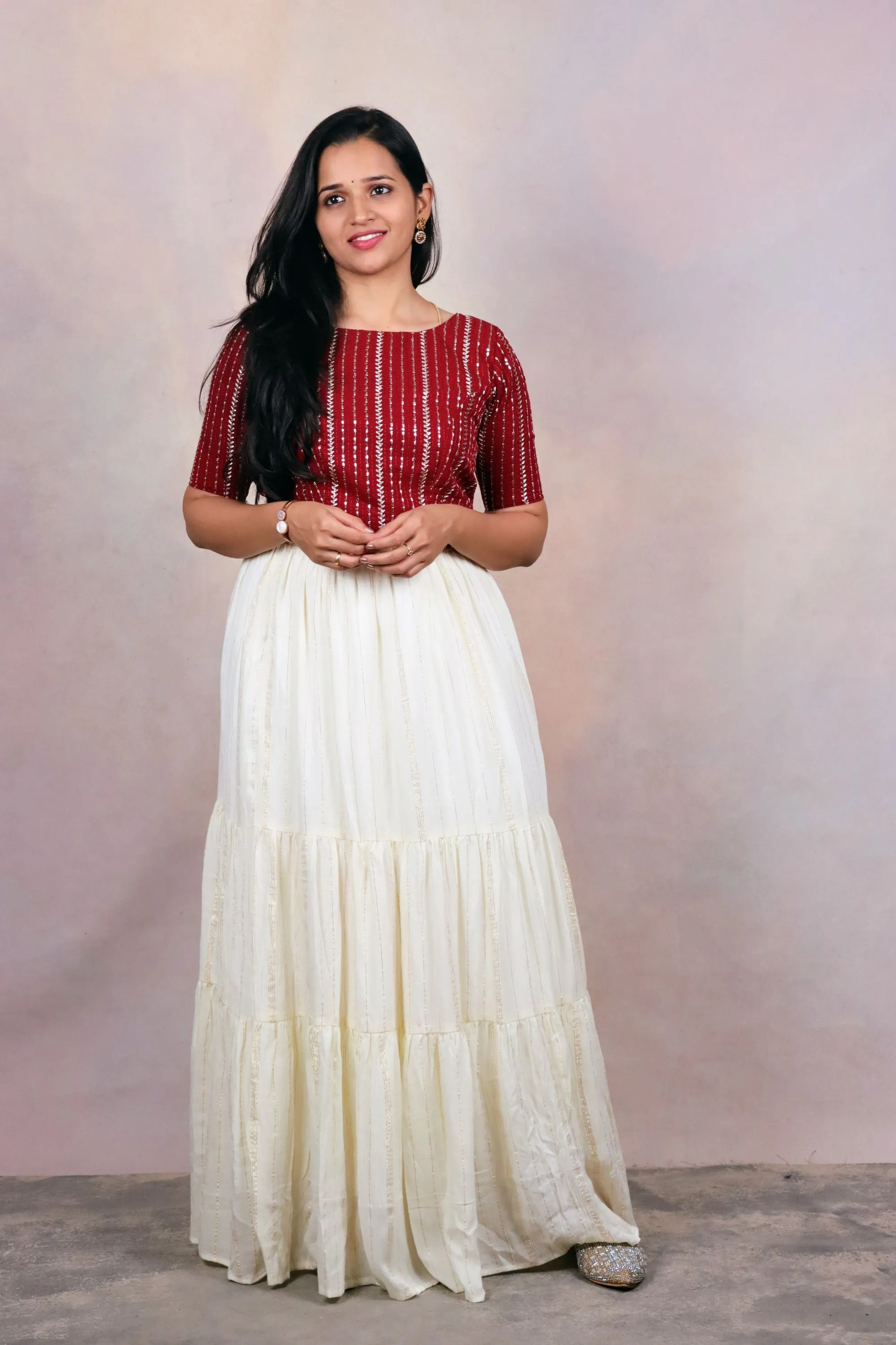 White Lurex Skirt With Maroon Croptop