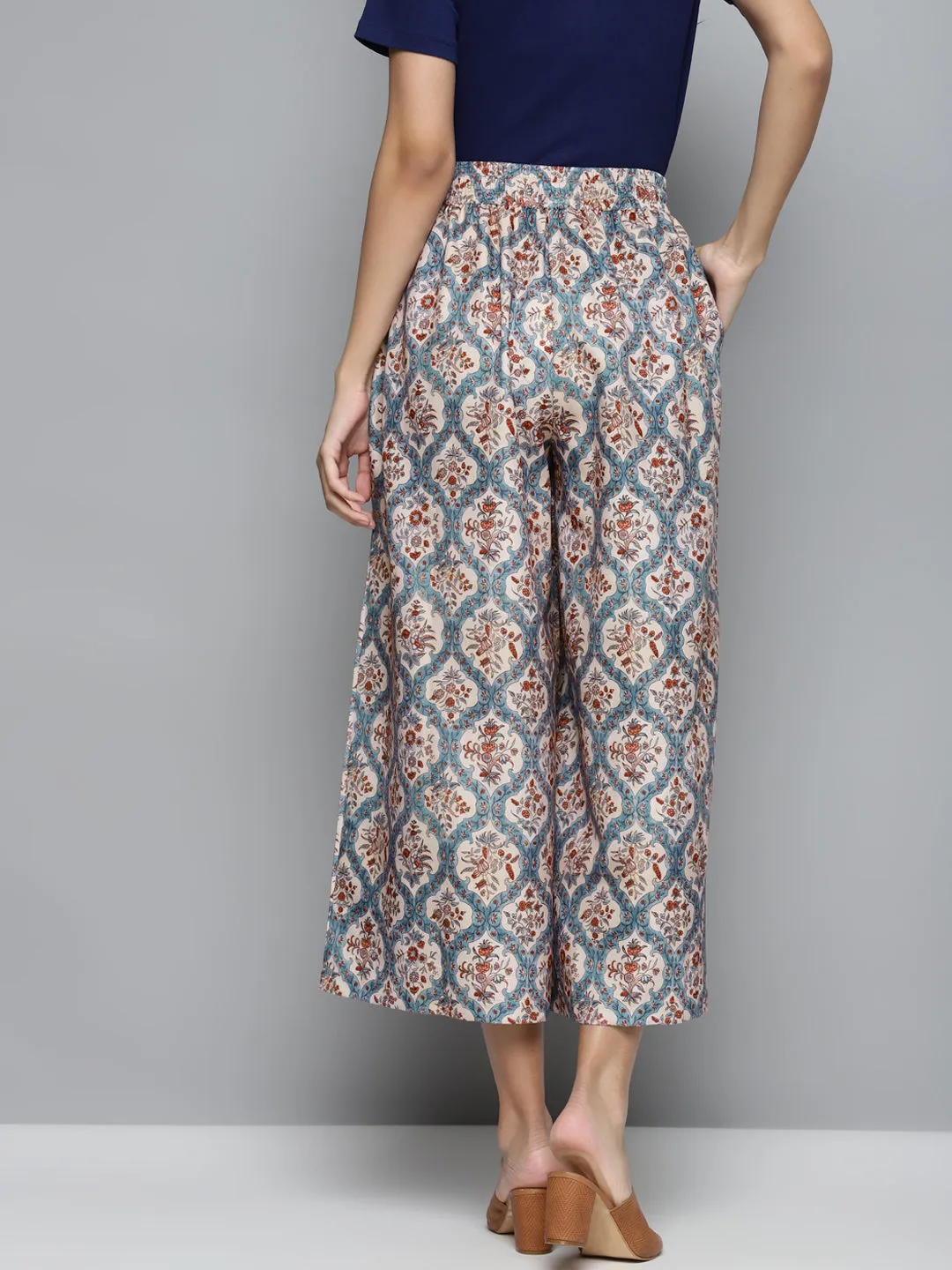 Women Blue & Beige Floral Drawstring