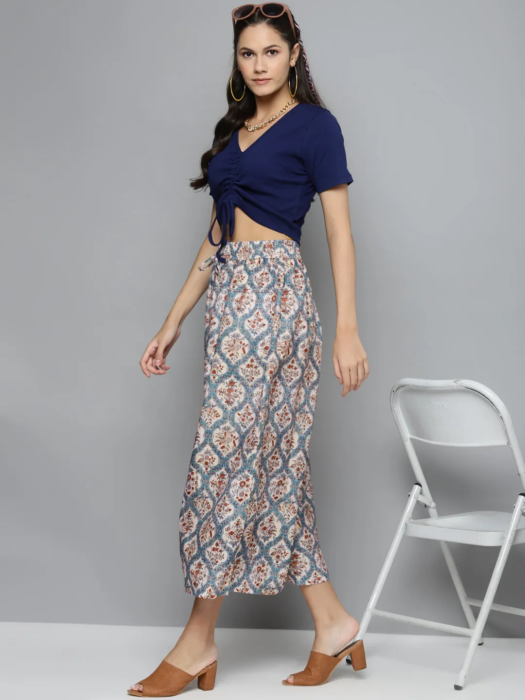 Women Blue & Beige Floral Drawstring