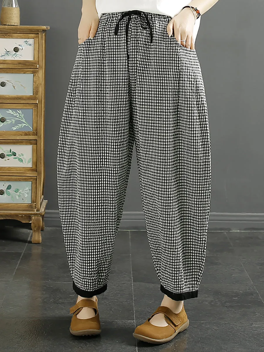 Women Vintage Plaid Summer Cotton Harem Pants QW1044