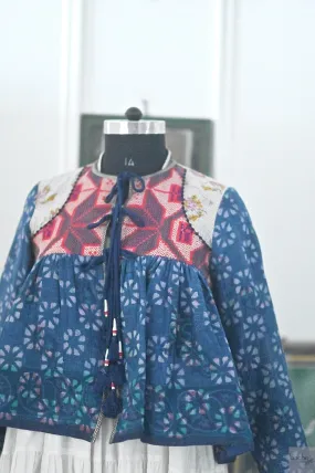XL,Jersey, Vintage Kantha, Flared Boho Jacket with Front Ties & Tassels