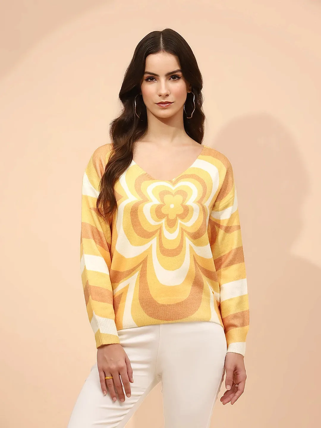Yellow Poly Viscose Relaxed Fit Pullover For Winter