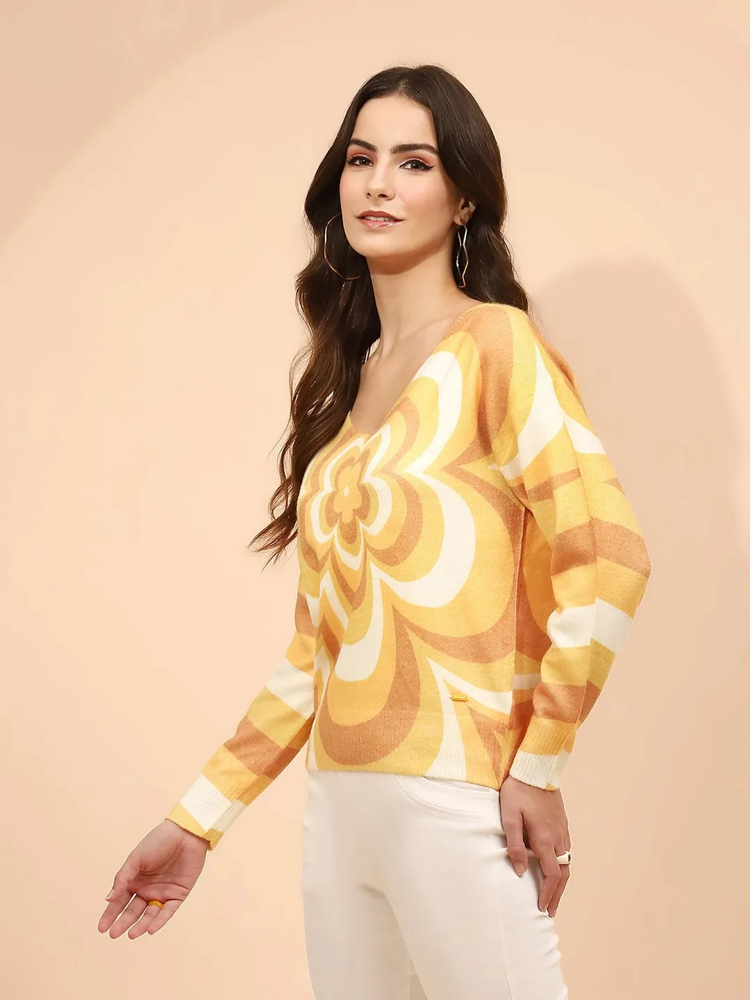 Yellow Poly Viscose Relaxed Fit Pullover For Winter